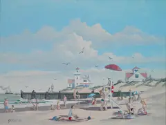 George K Ralph, - At the Beach-, gouache on board, 1986