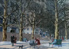 George K Ralph, - Early Spring in the City-, gouache on board, 1986