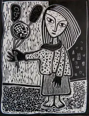 Alfons Dargis, - Girl with Flowers-, woodcut, 1950