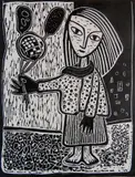 Alfons Dargis, - Girl with Flowers-, woodcut, 1950