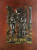Vytautas Kasiulis, - Figues and Lion-, woodcut in color, 1964