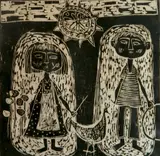 Vytautas Ignas, - Two Kids and Chicken-, woodcut, 1962, isgned