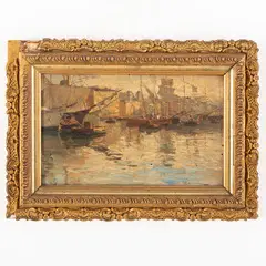 Giuseppe Barison, Trieste 1853 - 1931 / Veduta portuale / Firmato G Barison in basso a destra, oil on tavoletta