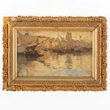 Giuseppe Barison, Trieste 1853 - 1931 / Veduta portuale / Firmato G Barison in basso a destra, oil on tavoletta