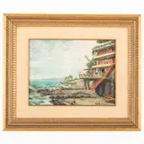 Berto Ferrari, Bogliasco 1887 - Genova 1965 / Mattino di giugno, Bagni municipali a Nervi / Firmato B Ferrari in basso a destra, oil on cardboard