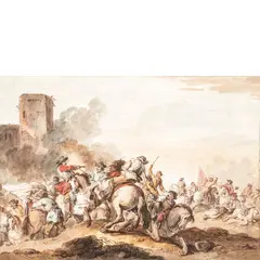 Francesco Simonini, Scene di battaglia, watercolour on paper applicata on cardboard
