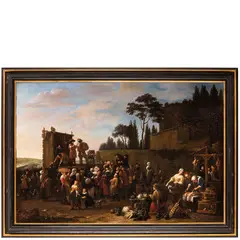 Jan van Buken, Paesaggio romano con scena di mercato e figure della commedia dell'arte, oil on canvas