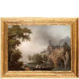 Carlo Bonavia, Paesaggio fluviale con figure su una barca, dietro un castello, oil on canvas