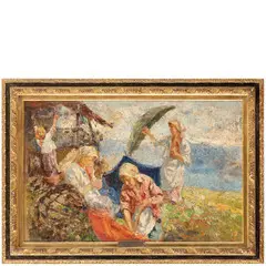 Leonardo Bazzaro, Milano, 1853 ; Miazzina, 1937 / Ombrellaie di Gignese / Firmato L Bazzaro in basso a destra, oil on canvas