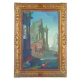 Pietro Paltronieri, Paesaggio lacustre con capriccio architettonico e figure, oil on canvas