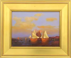 Vernon Broe, Three Schooners Docked at Sunset, Oil on Canvas Board