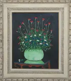 Jean Busquets, Red Dianthus in Green Bowl Still Life, Oil on Canvas