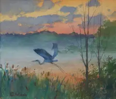 Flying Crane at Sunrise by Gary D. Hoffmann, Watercolor on Paper, offered Dec 2019