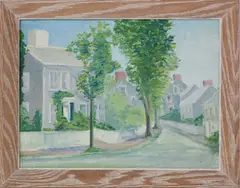 Grey Houses by Estelle Coggins, Oil on Artist Board, offered Dec 2019