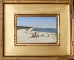 Sunbathing at Jetties Beach by Lori Zummo, Oil on Board, offered Aug 2019