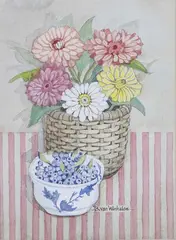 Barbara Van Winkelen, Daisies and Blueberries, Watercolor on Paper