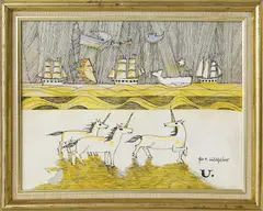 Unicorns and Whales by John F. Lochtefeld, Acrylic and Pen on Masonite, offered Jul 2018