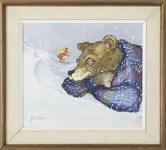 Ski Scene with Mouse and a Bear Wearing a Ski Sweater by George Davis, Oil on Board, offered Dec 2018