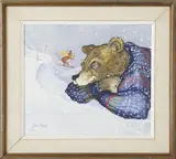 George Davis, Ski Scene with Mouse and a Bear Wearing a Ski Sweater, Oil on Board