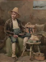 Lawrence Carmichael Earle, “Old Salt Organizing His Fishing Gear “, 19th Century, watercolor on paper interior scene of a fisherman organizing his gear on a Windsor chair