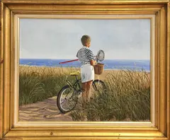 Portrait of a Boy With His Bike by Tom Mielko, Acrylic on Masonite, offered Jul 2017