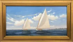 Alan J. Eddy, Two Catboats Sailing, Oil on Board
