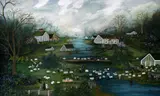 Jan Munro, Sheep Washing – Nantucket, Mixed Media on Masonite