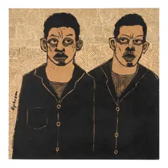 Ephrem Solomon, The Two Gamblers, oil and found paper collage on carved board