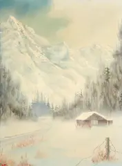 Bob Ross, A Cabin Among the Mountains in Winter, oil on canvas