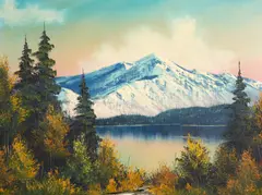 Bob Ross, An Alpine Lake Under Pink and Blue Skies, oil on canvas