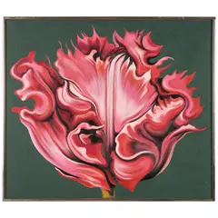 Red Parrot Tulip on Green by Lowell Nesbitt, oil on canvas, sold Nov 2025