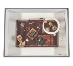 Daniel Spoerri, Faux Tableau-Piège, assemblage with found objects on wood panel in a Plexi-glass and wood constructed box