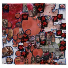 Thomas Hirschhorn, Tattoo-Serie: Under Fire, 2007, mixed media collage with pen, plastic foil, adhesive tape, and stickers on paper