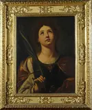 Francesco Gessi, Santa Caterina di Alessandria, cornice coeva intagliata e dorata. L'opera s'inserisce nel periodo di collaborazione con Giudo Reni tra il