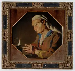 Matthias Stomer, Donna anziana col capo coperto in orazione difronte a una "luma", antica cornice in legno intagliato and dipinto. Expertise on paper intestata del Prof. Maurizio Marini.Provenienza: