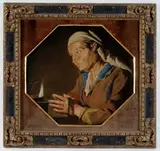 Matthias Stomer, Donna anziana col capo coperto in orazione difronte a una "luma", antica cornice in legno intagliato and dipinto. Expertise on paper intestata del Prof. Maurizio Marini.Provenienza:
