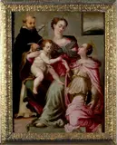 Giovanni Brini, Madonna col Bambino tra san Domenico e santa Caterina d'Alessandria, Sul verso: iscrizione seicentesca ad inchiostro "Sposalizio di S. Caterina/con S. Domenico scola Fiorentina/1569";