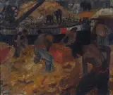 Léon Carré, Operai al lavoro, Sul verso: antica etichetta doganale.