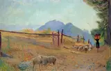 Paesaggio campestre by Valentino Ghiglia, Sul verso: antica etichetta con numero di riferimento "42"., offered Apr 2015