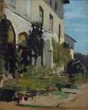 Telemaco Signorini, Una Villa presso Firenze (Villa Toscana), 1860, Sul retro: timbro di appartenenza alla Collezione di Paolo Signorini; cartellino a stampa della Galleria Pesaro