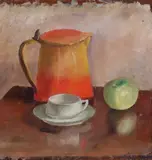 Arrigo Del Rigo, Natura morta con bricco e tazzine, 1927, Sigla e data in basso a destra. Sul verso: etichetta Associazione Turistica Pratese Mostra Retrospettiva del