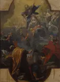Baldassarre Franceschini detto Volterrano, Assunzione della vergine (primo bozzetto per il soffitto della Santissima Annunziata a Firenze), 1670, Sul verso: Etichetta a stampa "Soprintedenza alle gallerie Firenze/Gabinetto dei restauri"; etichetta