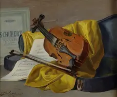 Giulio Ghelarducci, Natura morta con violino e spartito, 1950
