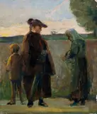 Cristiano Banti, La passeggiata del curato, Sul verso: cartellino collezione d'Arte Mario Galli con numero di riferimento a stampa (n.54); a inchiostro "Bozzetto