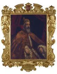 Domenico Tintoretto, Ritratto del Doge Marino Grimani, cornice in legno dorato e intagliato di tipo sansovino con cartiglio alla base e stemma della famiglia Grimani
