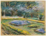 Max Liebermann, Die Blumenterrasse im Wannseegarten nach Nordosten, Um 1923, Pastell auf bräunlichem Papier