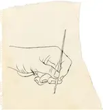 Andy Warhol, Hand with Ink Pen, Um 1953, Tuschfeder und Bleistift auf Papier (aus einem Zeichenblock)