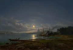 Johann Anton Castell, Ansicht auf Dresden, Mondschein, 1846, Öl auf Leinwand