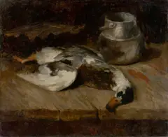 Carl Schuch, Wildente und Blechdose“. Um 1885/90?, Öl auf Leinwand. Doubliert