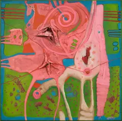 Uwe Lausen, Ohne Titel (Relief Nr. 4, Die Gattung Mensch), 1964, Öl und Collage auf Leinwand, im Künstlerrahmen
